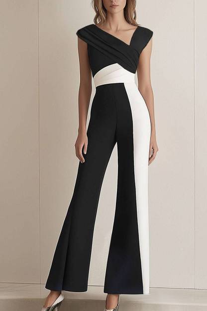 Party Daily Color Block Jumpsuit Asymmetrical Neck Sleeveless Flared Pants