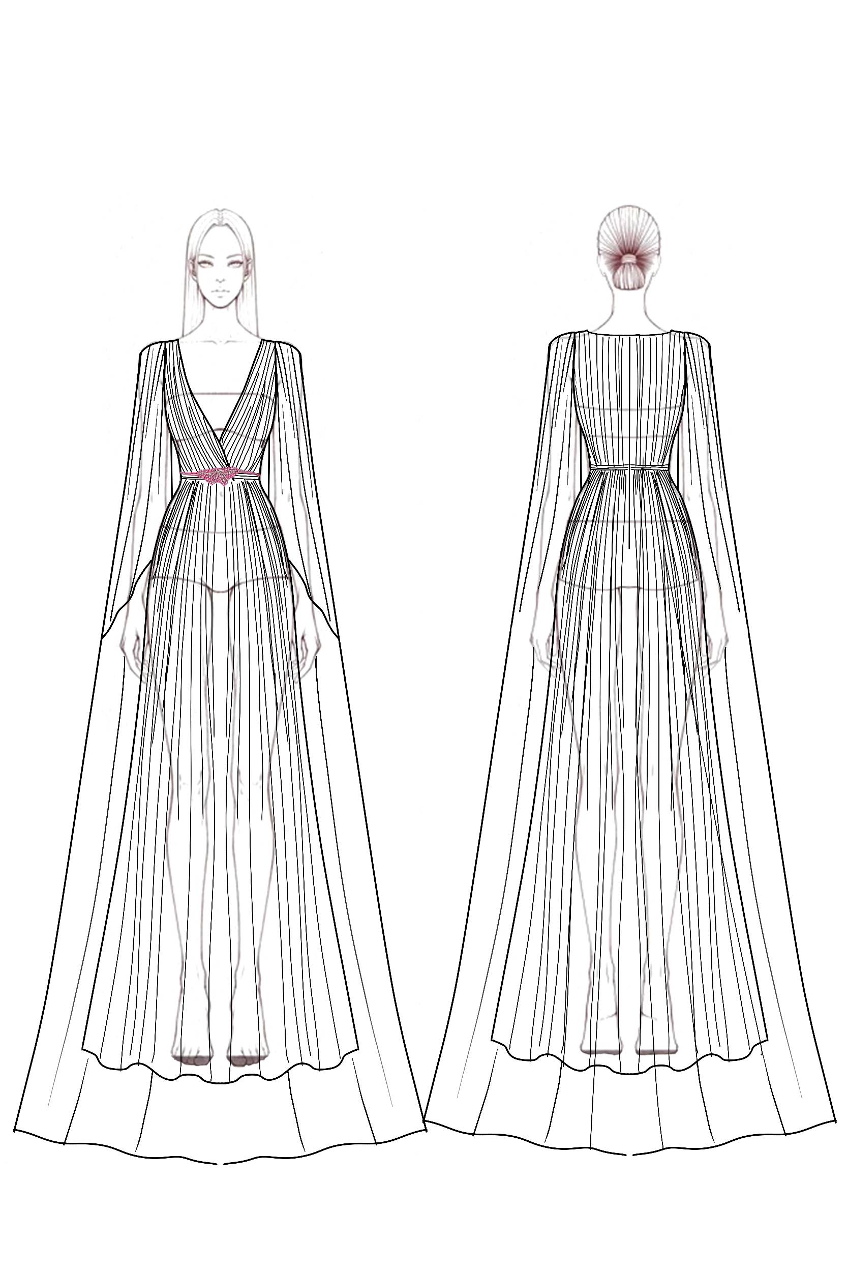 Formal Evening Chiffon Dress Long Sleeve Waist Belt Cape Floor-length Gown