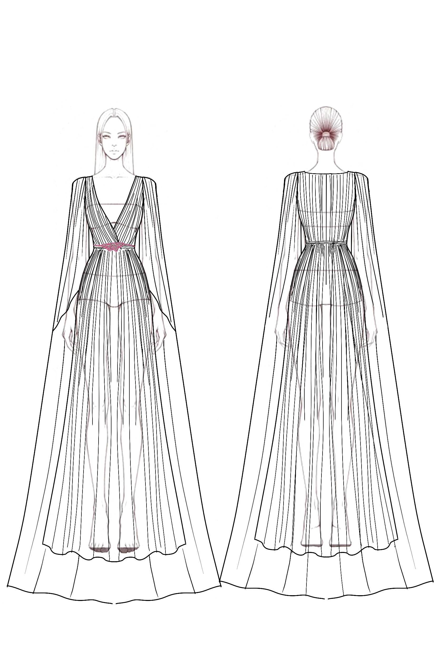 Formal Evening Chiffon Dress Long Sleeve Waist Belt Cape Floor-length Gown