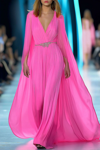 Formal Evening Chiffon Dress Long Sleeve Waist Belt Cape Floor-length Gown