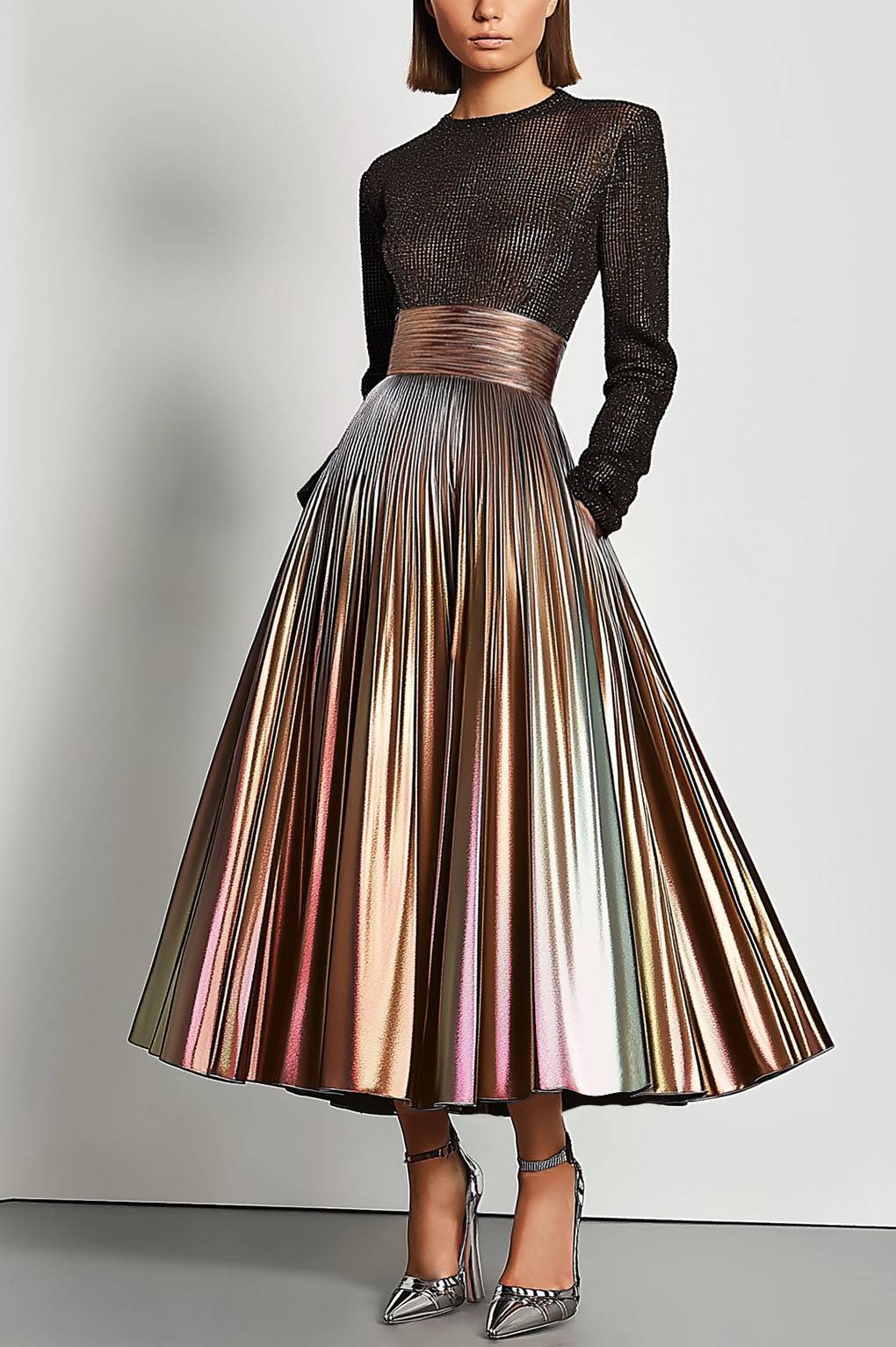 Party Prom Dress Metallic Fabric Colorful Long Sleeve Pleated Midi Dress