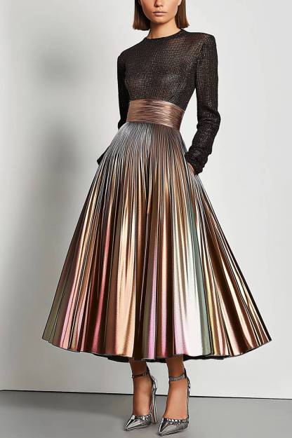 Party Prom Dress Metallic Fabric Colorful Long Sleeve Pocket Pleated Midi Dress