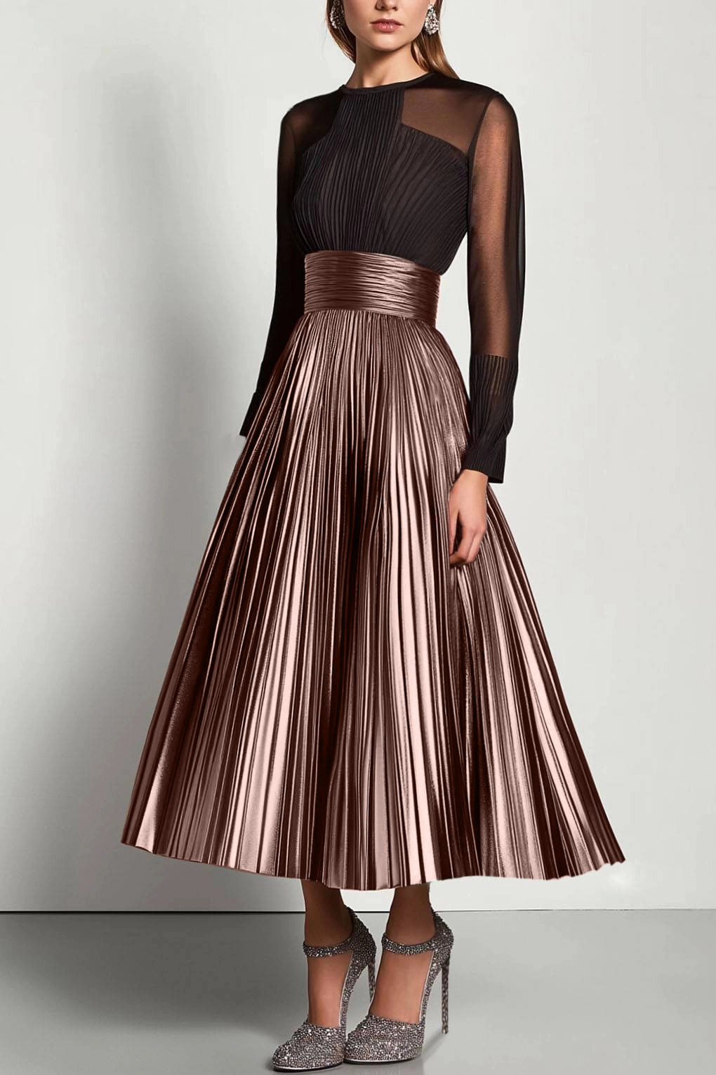 Party Prom Dress Metallic Fabric Colorful Long Sleeve Pleated Midi Dress