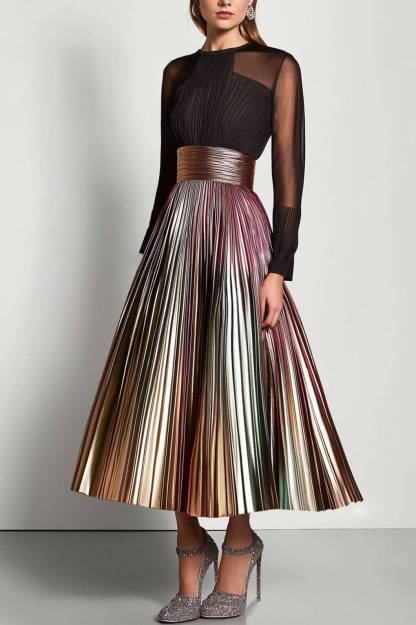 Party Prom Dress Metallic Fabric Chiffon With Pockets Pleated Midi Dress
