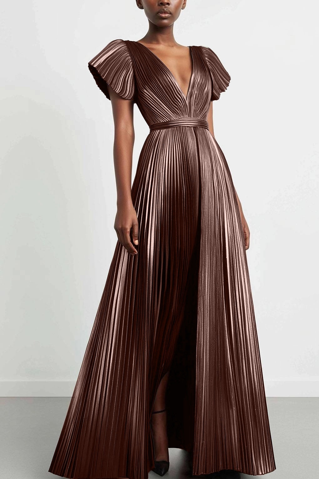 Party Prom Dress Metallic Fabric Colorful Long Sleeve Pleated Midi Dress
