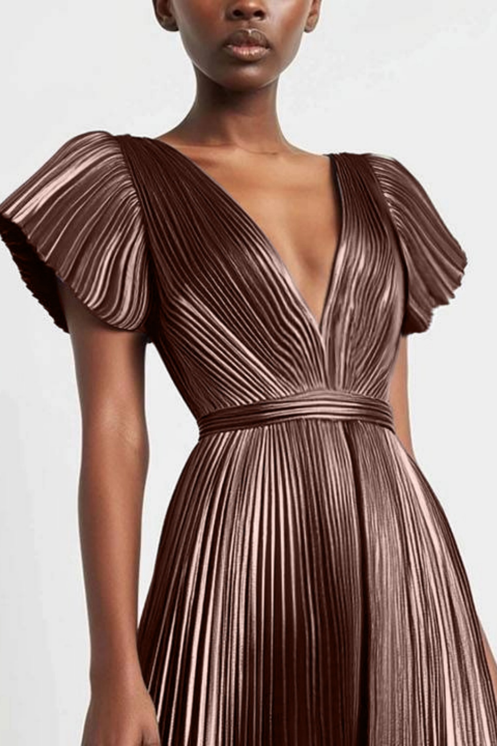 Formal Evening Dress Metallic Fabric Deep V High Split Maxi Dress
