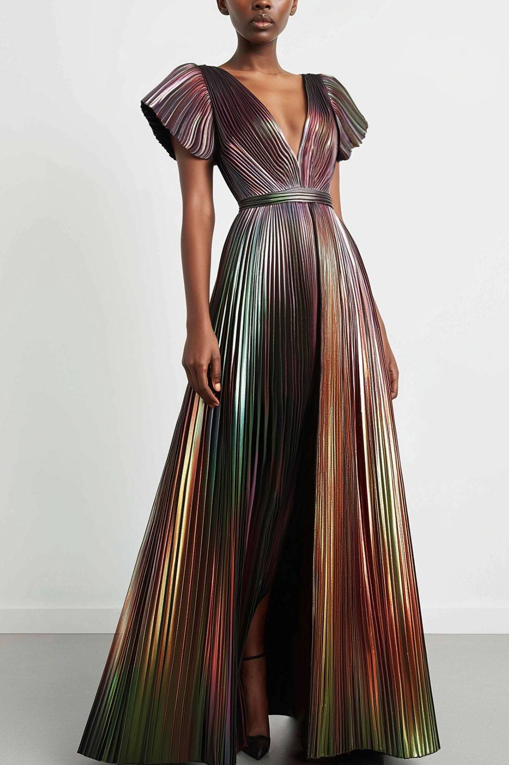 Party Prom Dress Metallic Fabric Colorful Long Sleeve Pleated Midi Dress