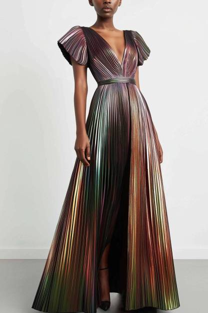 Formal Evening Dress Metallic Fabric Deep V High Split Maxi Dress