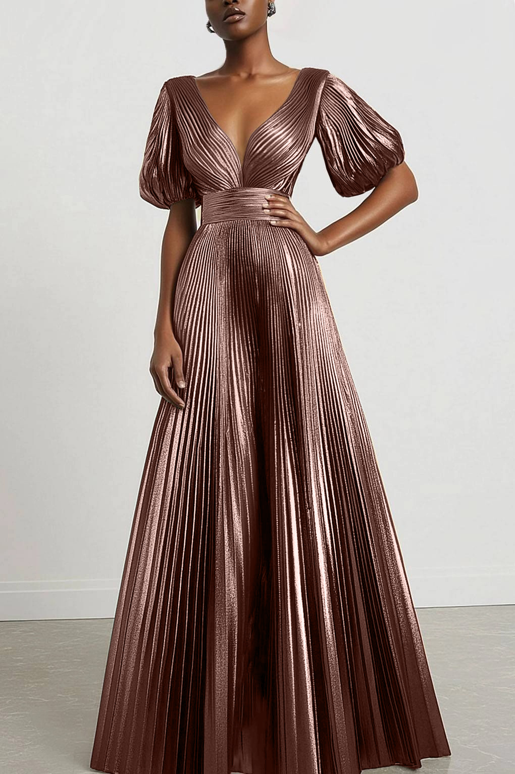Party Prom Dress Metallic Fabric Colorful Long Sleeve Pleated Midi Dress