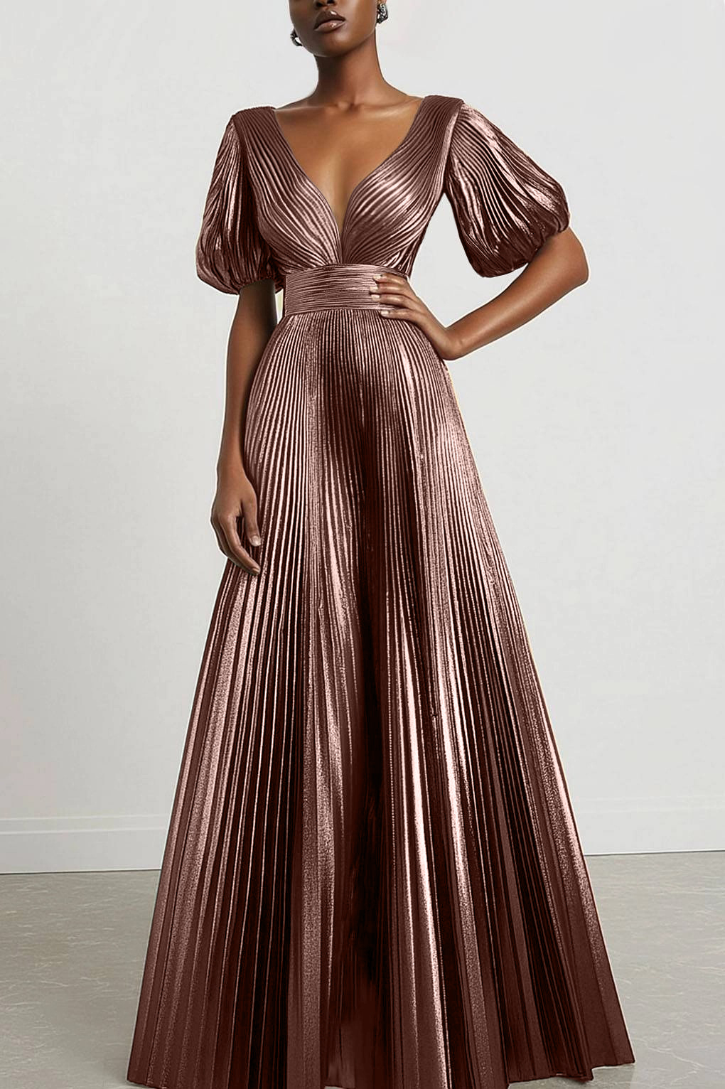 Party Prom Dress Metallic Fabric Colorful Long Sleeve Pleated Midi Dress