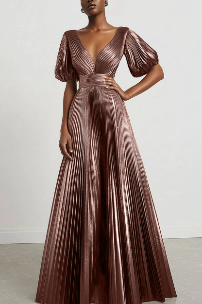 Formal Evening Dress Metallic Fabric Bubble Sleeve Deep V Pleated Maxi Dress