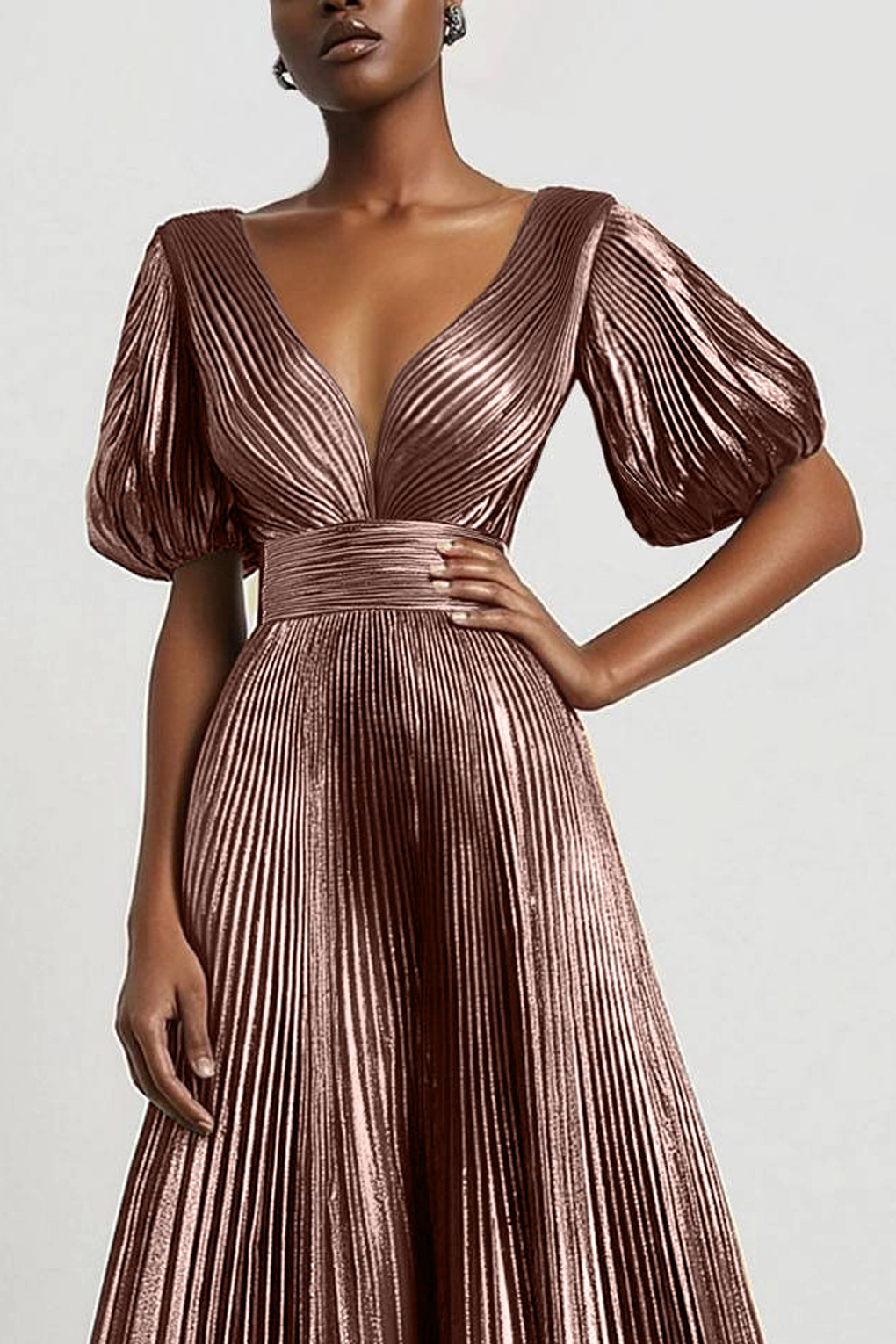 Formal Evening Dress Metallic Fabric Bubble Sleeve Deep V Pleated Maxi Dress