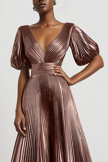 Formal Evening Dress Metallic Fabric Bubble Sleeve Deep V Pleated Maxi Dress