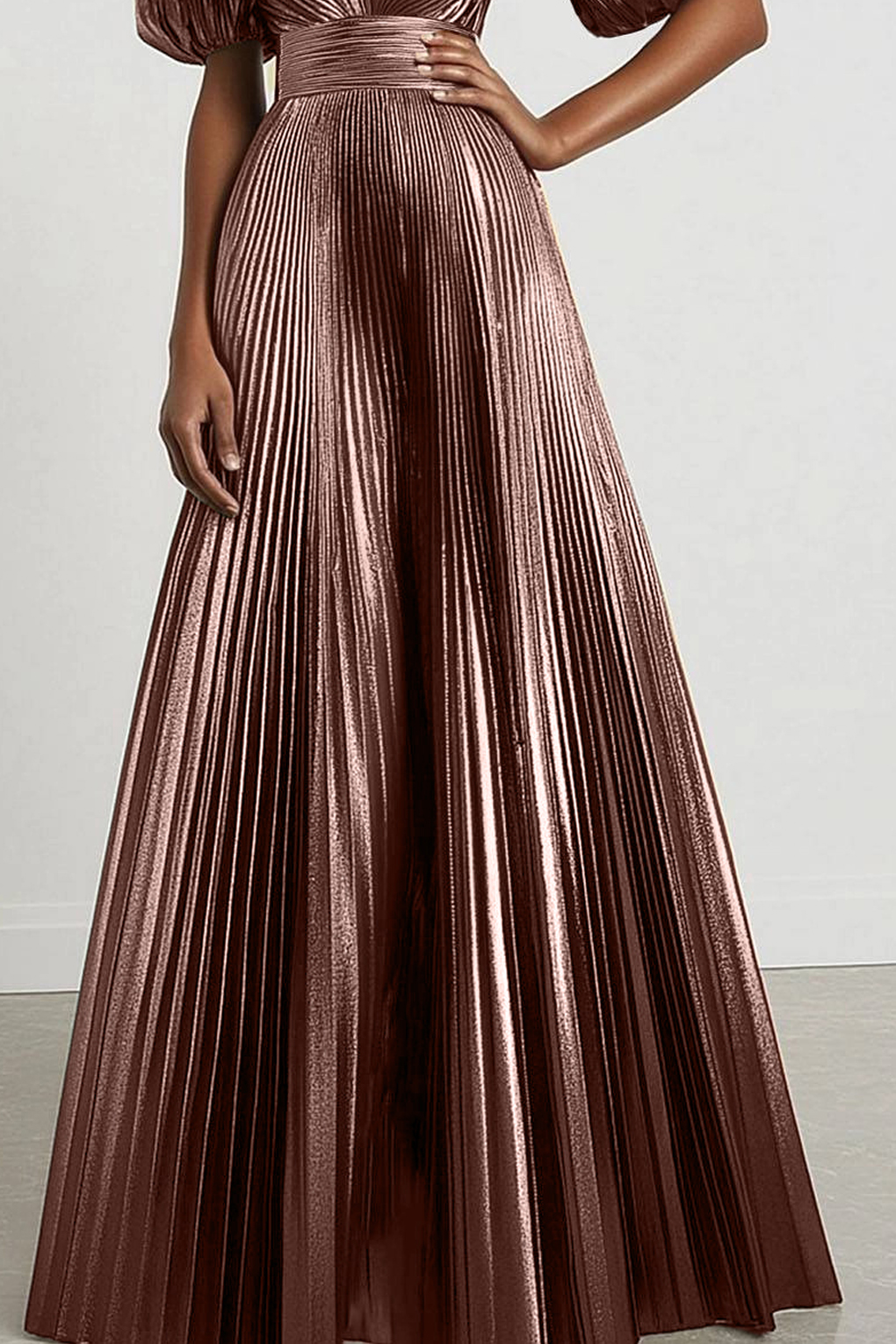 Formal Evening Dress Metallic Fabric Bubble Sleeve Deep V Pleated Maxi Dress