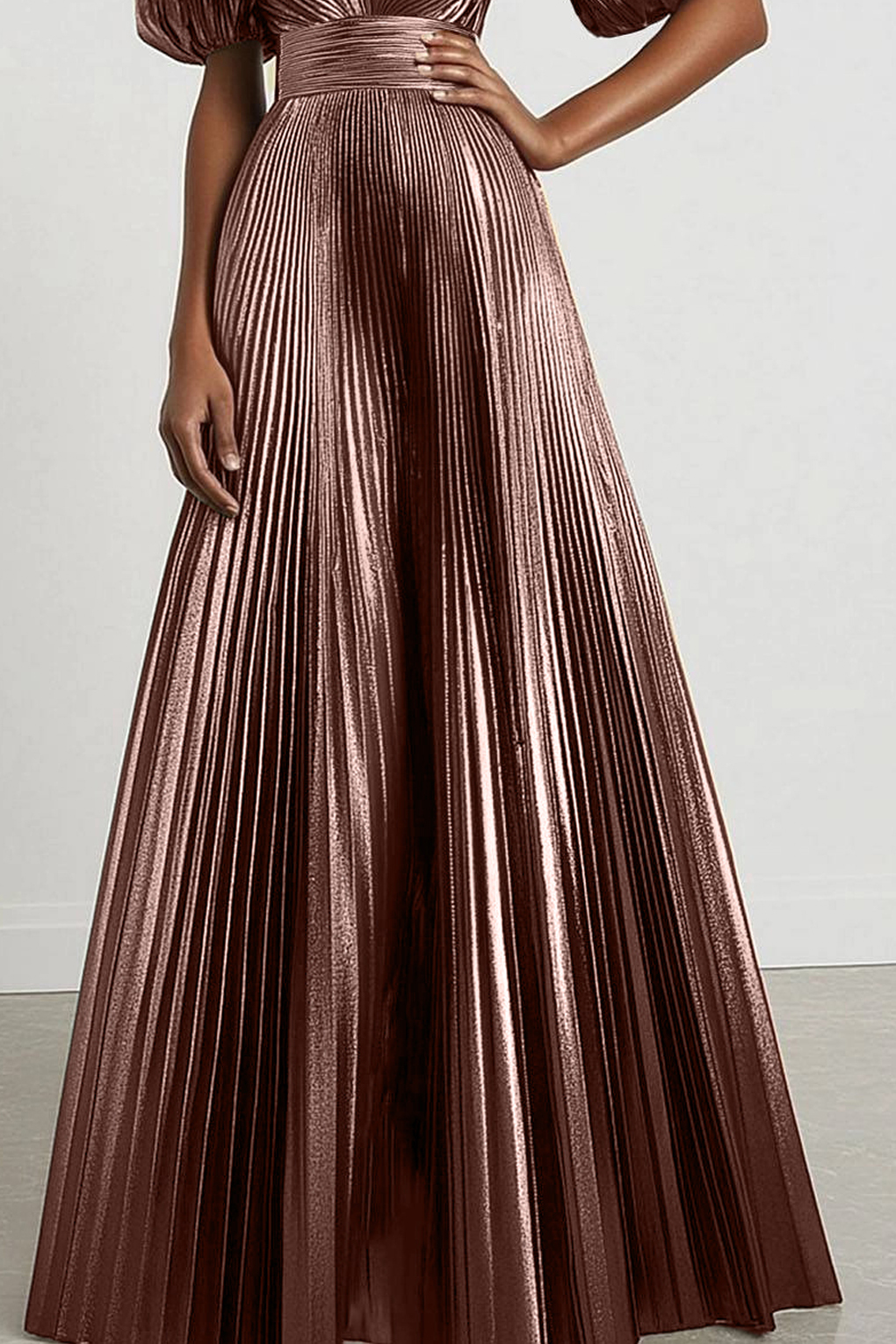 Formal Evening Dress Metallic Fabric Bubble Sleeve Deep V Pleated Maxi Dress