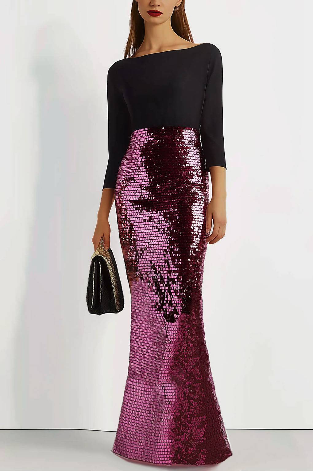 Formal Evening Sequin Dress Boat Neck Color Block Mermaid Maxi Dress