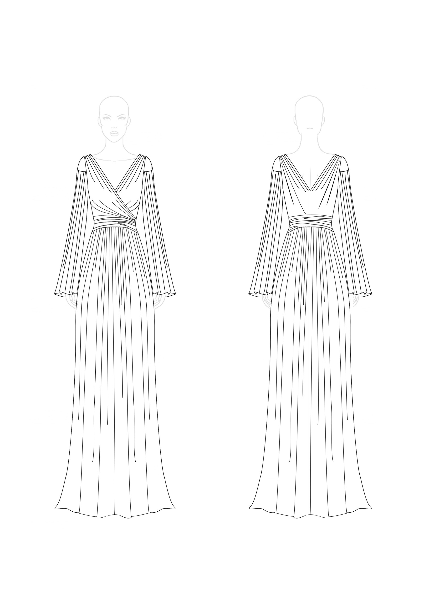 Elegant Prom Dress Deep V Long Sleeve Bell Sleeve Pleated Draped Floor-length Gown