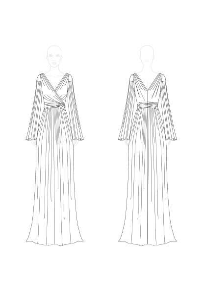 Elegant Prom Dress Deep V Long Sleeve Bell Sleeve Pleated Draped Floor-length Gown