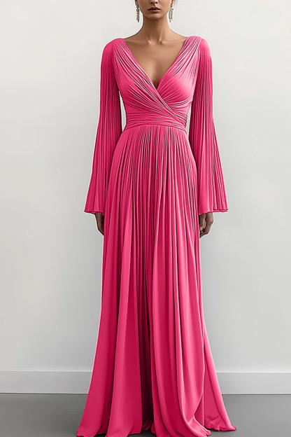Elegant Evening Dress Deep V Long Sleeve Bell Sleeve Pleated Draped Floor-length Gown