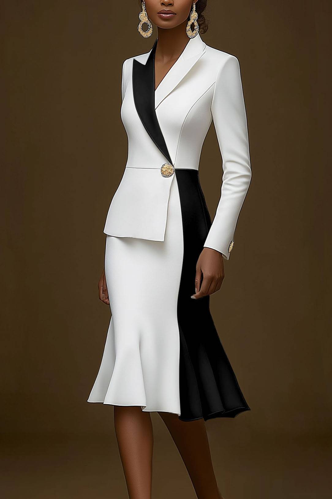 Business Work Blazer Dress Color Block Long Sleeve Mermaid Collar Midi Dress