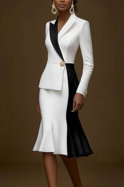 Business Work Blazer Dress Color Block Long Sleeve Mermaid Collar Midi Dress