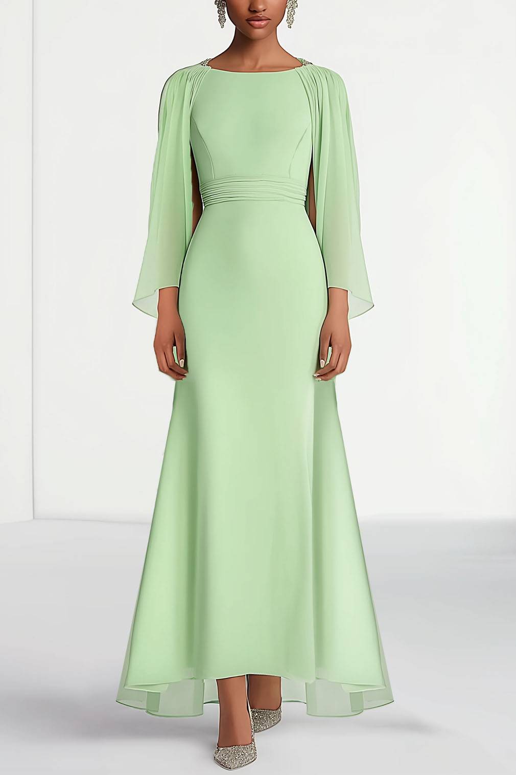 Wedding Guest Prom Dress Chiffon Round Neck Cape Maxi Dress