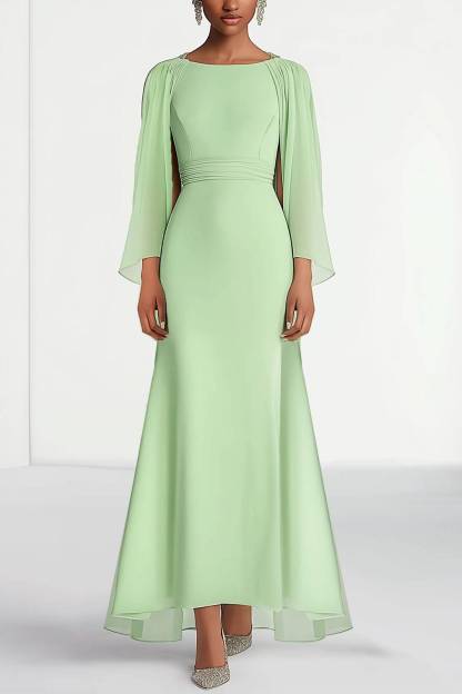 Wedding Guest Prom Dress Chiffon Round Neck Cape Maxi Dress