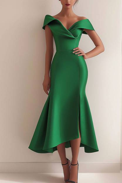 Prom Dress Off-Shoulder Fish Tail Side Slit Midi Dress