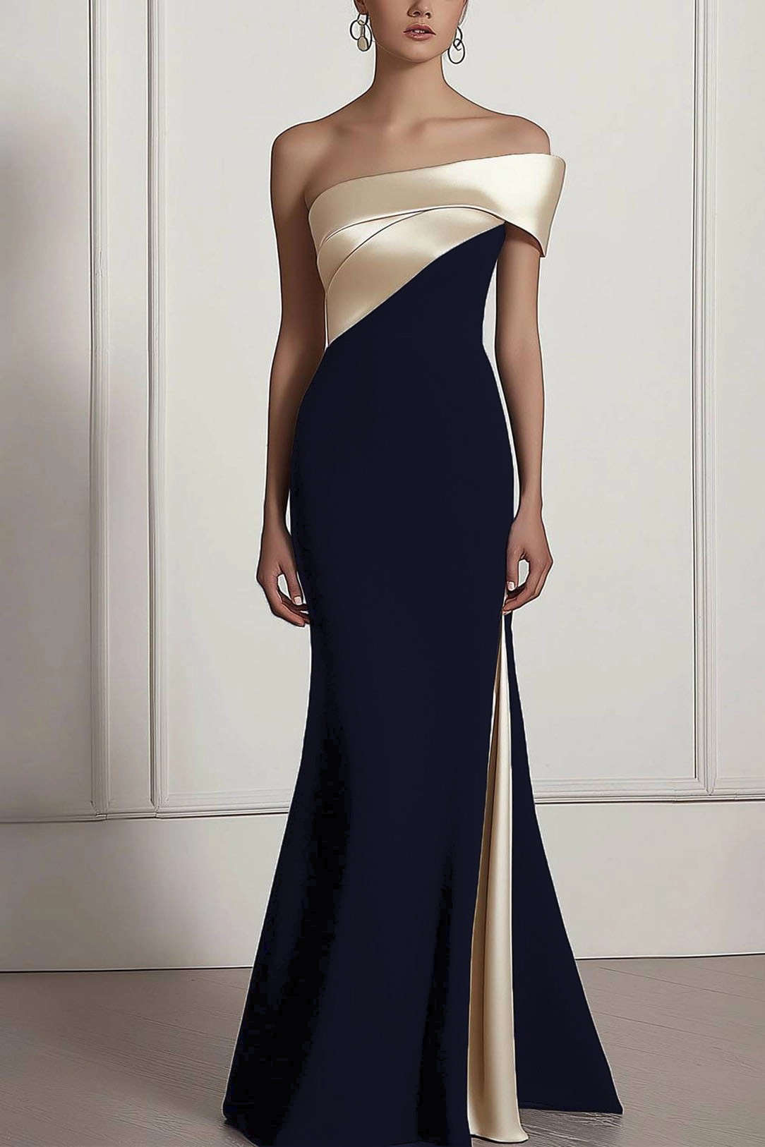 Formal Prom Dress Off-The-Shoulder Color-block Side Slit Maxi Dress
