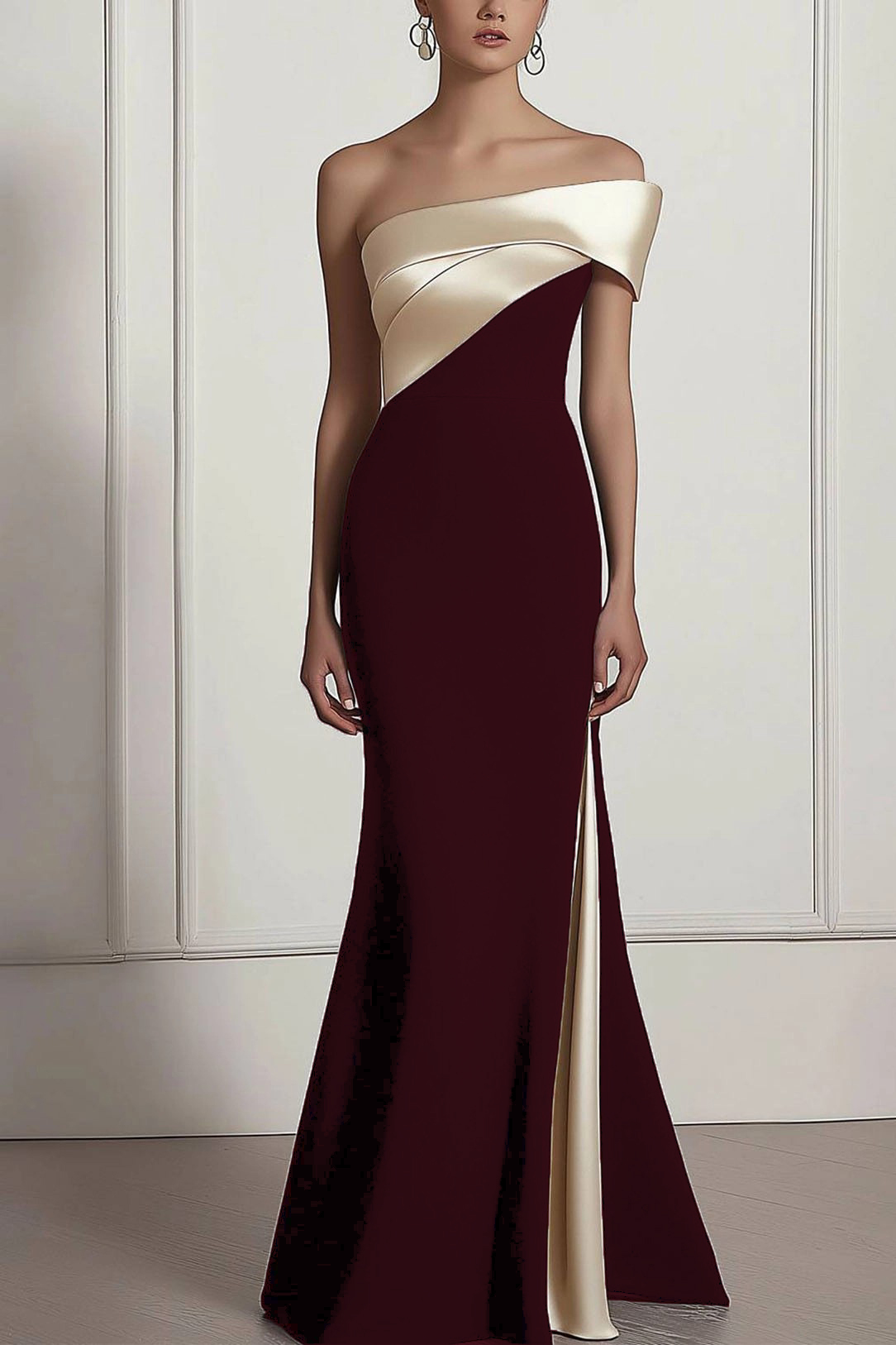 Formal Prom Dress Off-The-Shoulder Color-block Side Slit Maxi Dress