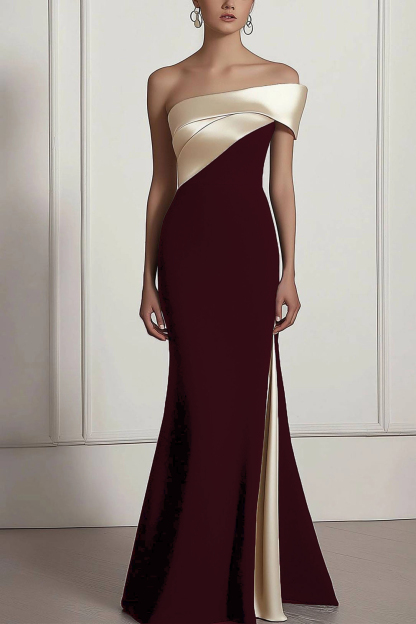 Formal Prom Dress Off-The-Shoulder Color-block Side Slit Maxi Dress
