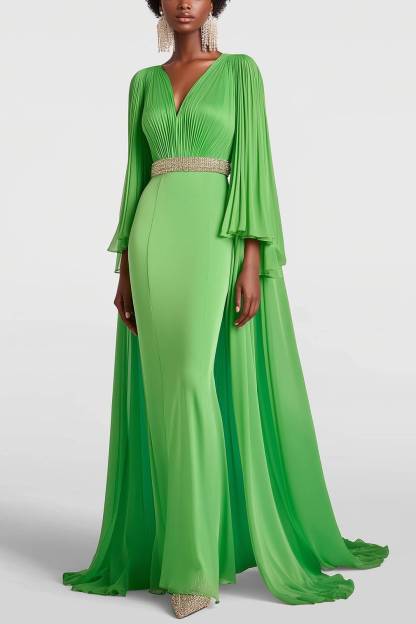 Evening Formal Dress Cape Long Sleeve Rhinestone Waistband V-Neck Maxi Dress