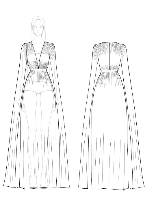 Formal Evening Dress Tulle Deep V Rhinestone Belted Cape Floor-Length Dress