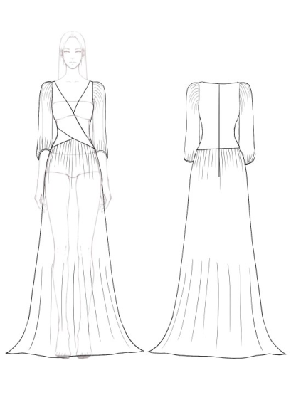 Elegant Evening Dress Cross Neck Puff Sleeve Draped Pleated Maxi Dress