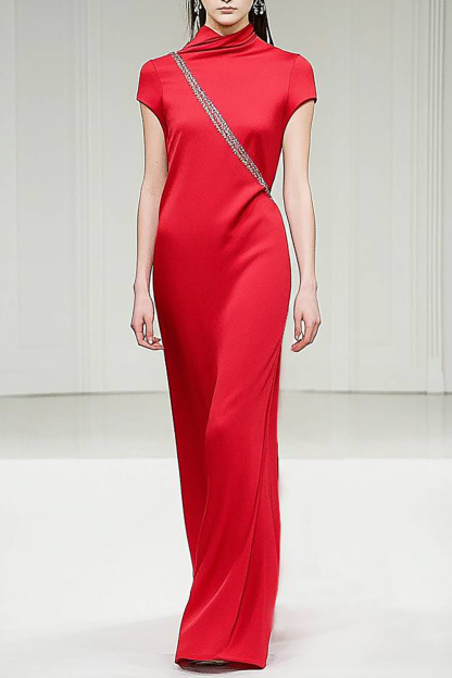 Party Semi-Formal Red Dress Stand Collar Silver Trim Floor-Length Dress
