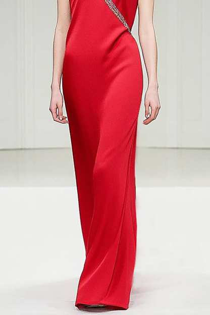 Party Semi-Formal Red Dress Stand Collar Silver Trim Floor-Length Dress
