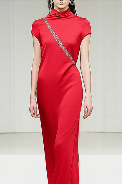 Party Semi-Formal Red Dress Stand Collar Silver Trim Floor-Length Dress