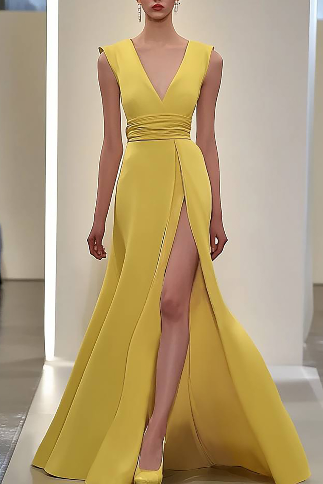 Prom Party Yellow Dress High Slit Deep V-Neck Sleeveless Floor-Length 