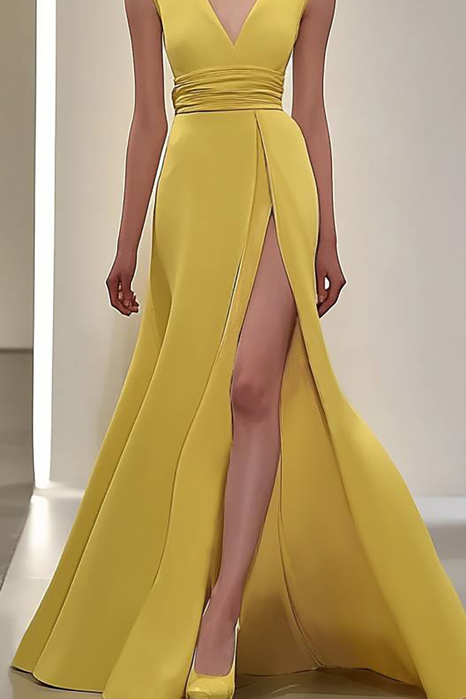 Prom Party Yellow Dress High Slit Deep V-Neck Sleeveless Floor-Length Dress