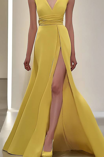 Prom Party Yellow Dress High Slit Deep V-Neck Sleeveless Floor-Length Dress