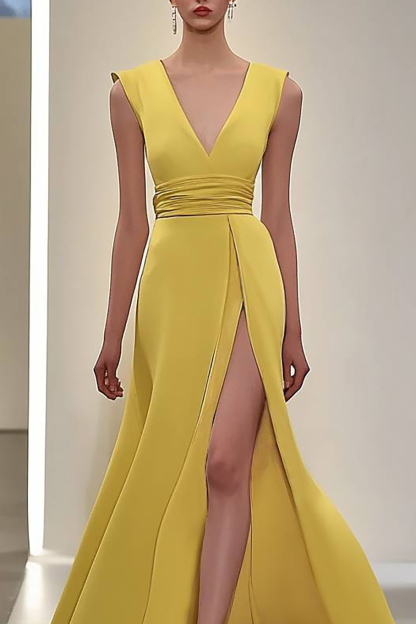 Prom Party Yellow Dress High Slit Deep V-Neck Sleeveless Floor-Length Dress