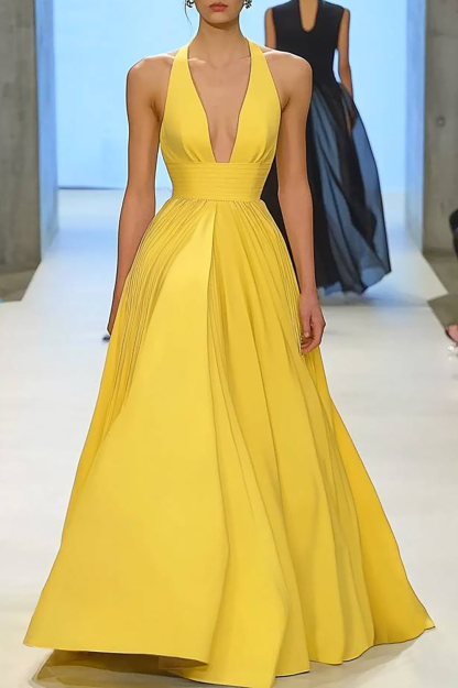 Prom Evening Yellow Dress Deep V-Neck Halter Sleeveless Floor-Length Dress