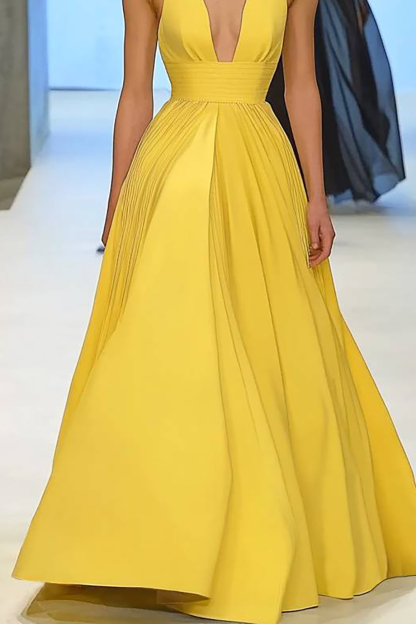 Prom Evening Yellow Dress Deep V-Neck Halter Sleeveless Floor-Length Dress