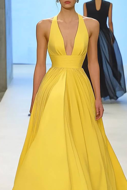 Prom Evening Yellow Dress Deep V-Neck Halter Sleeveless Floor-Length Dress