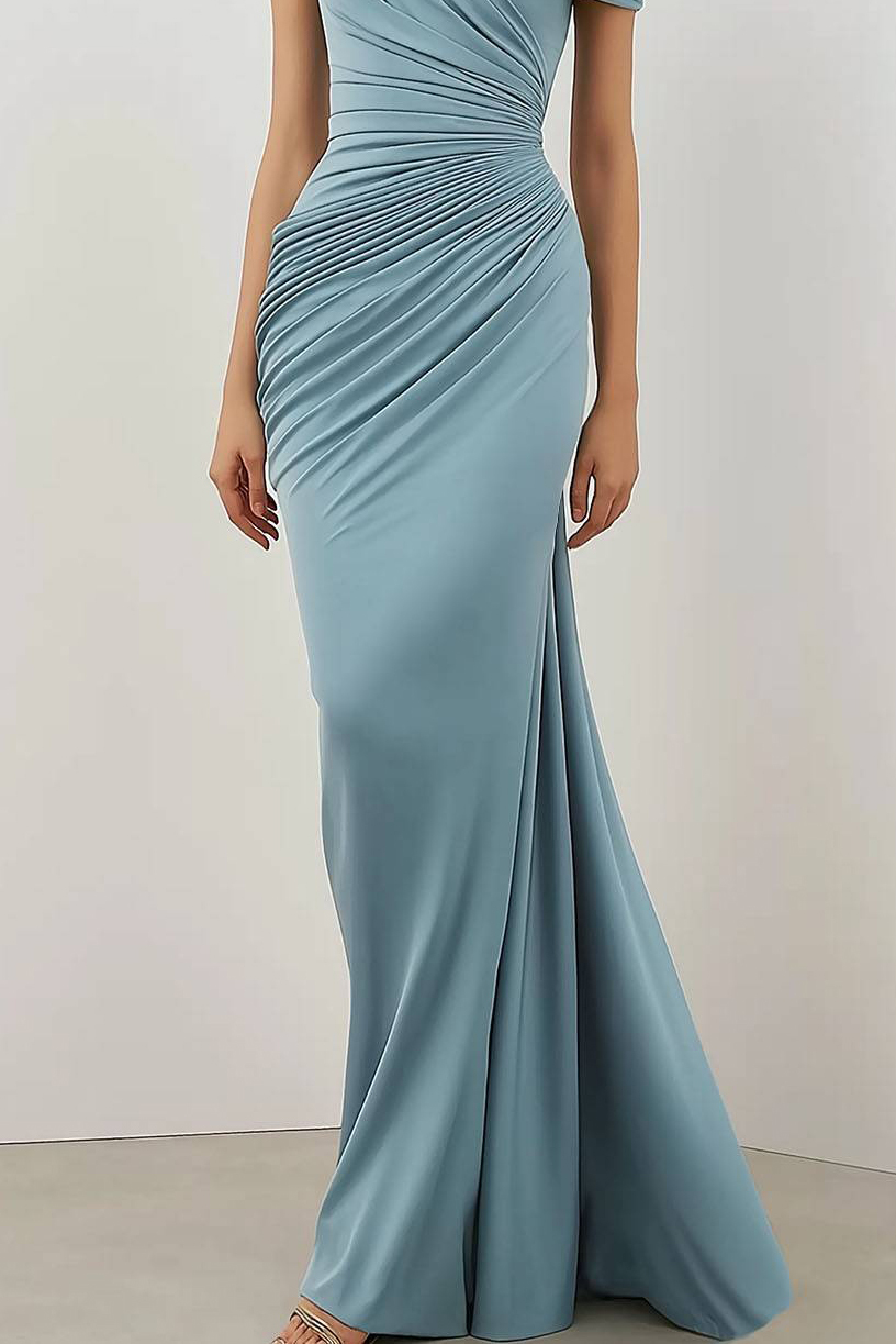 Party Semi-Formal Light Blue Dress Pleated Design Asymmetrical Floor-Length Dress