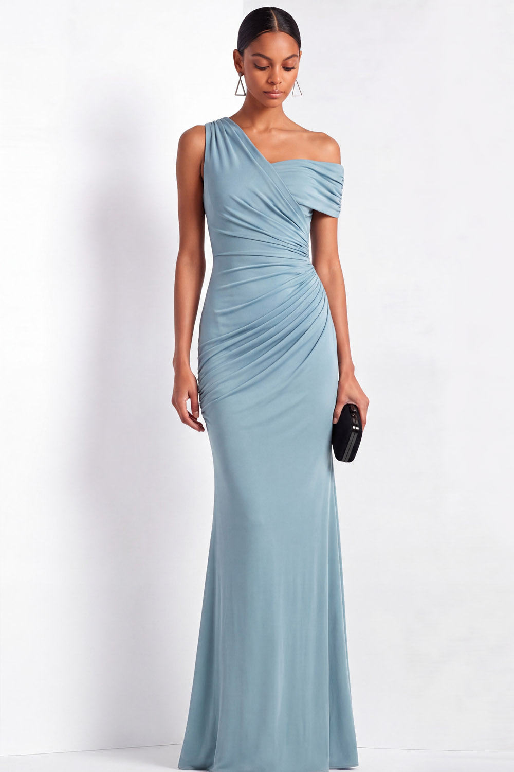 Party Semi-Formal Light Blue Dress Pleated Design Asymmetrical Maxi Dress