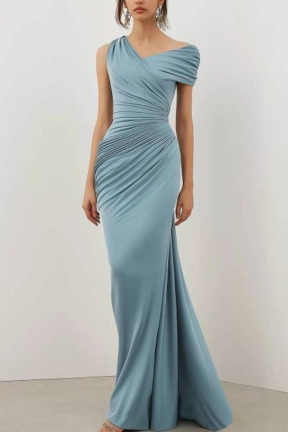 Party Semi-Formal Light Blue Dress Pleated Design Asymmetrical Floor-Length Dress
