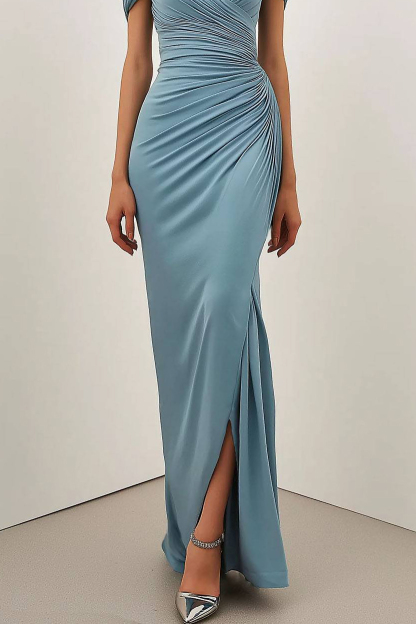 Party Semi-Formal Light Blue Dress Pleated Puff Sleeve Maxi Dress