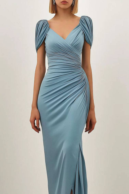 Party Semi-Formal Light Blue Dress Pleated Puff Sleeve Maxi Dress