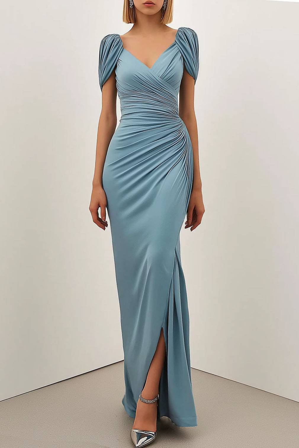 Party Semi-Formal Light Blue Dress Pleated Puff Sleeve Maxi Dress